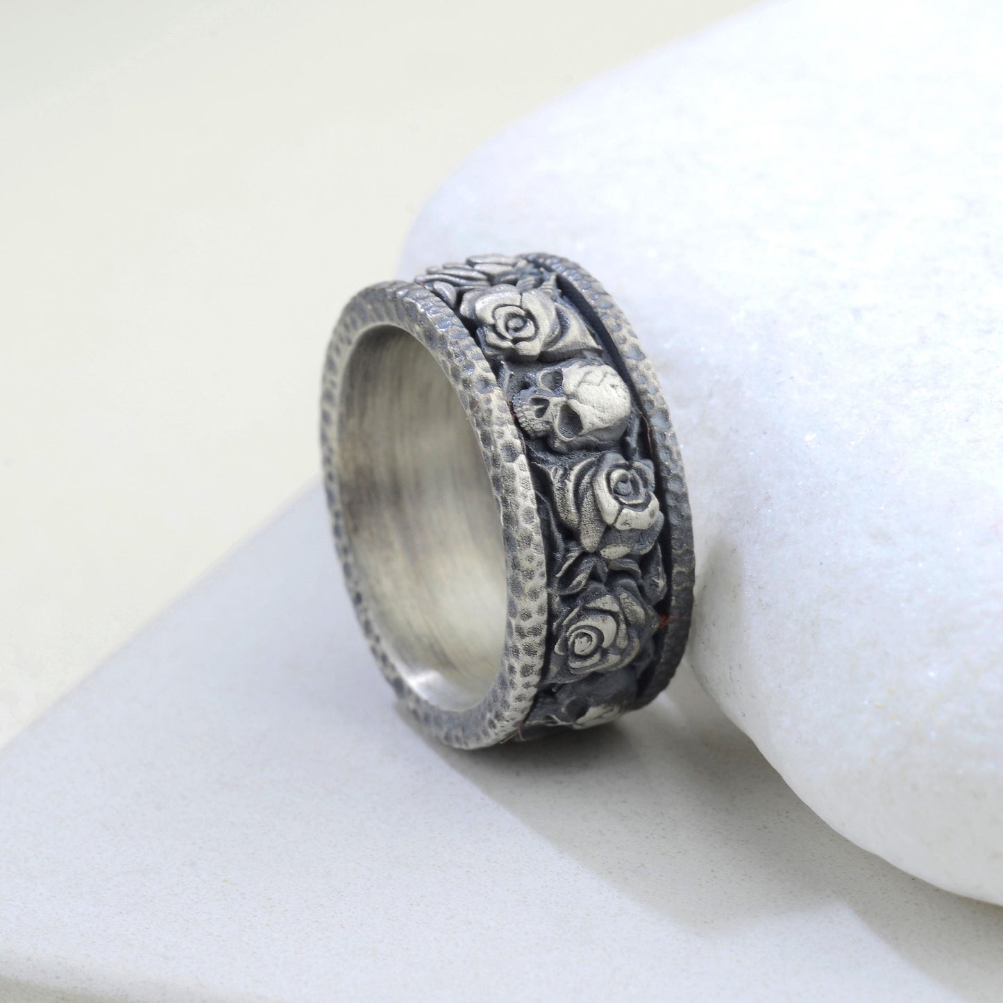 Handmade Sterling Silver Skull and Rose Gothic Biker Ring