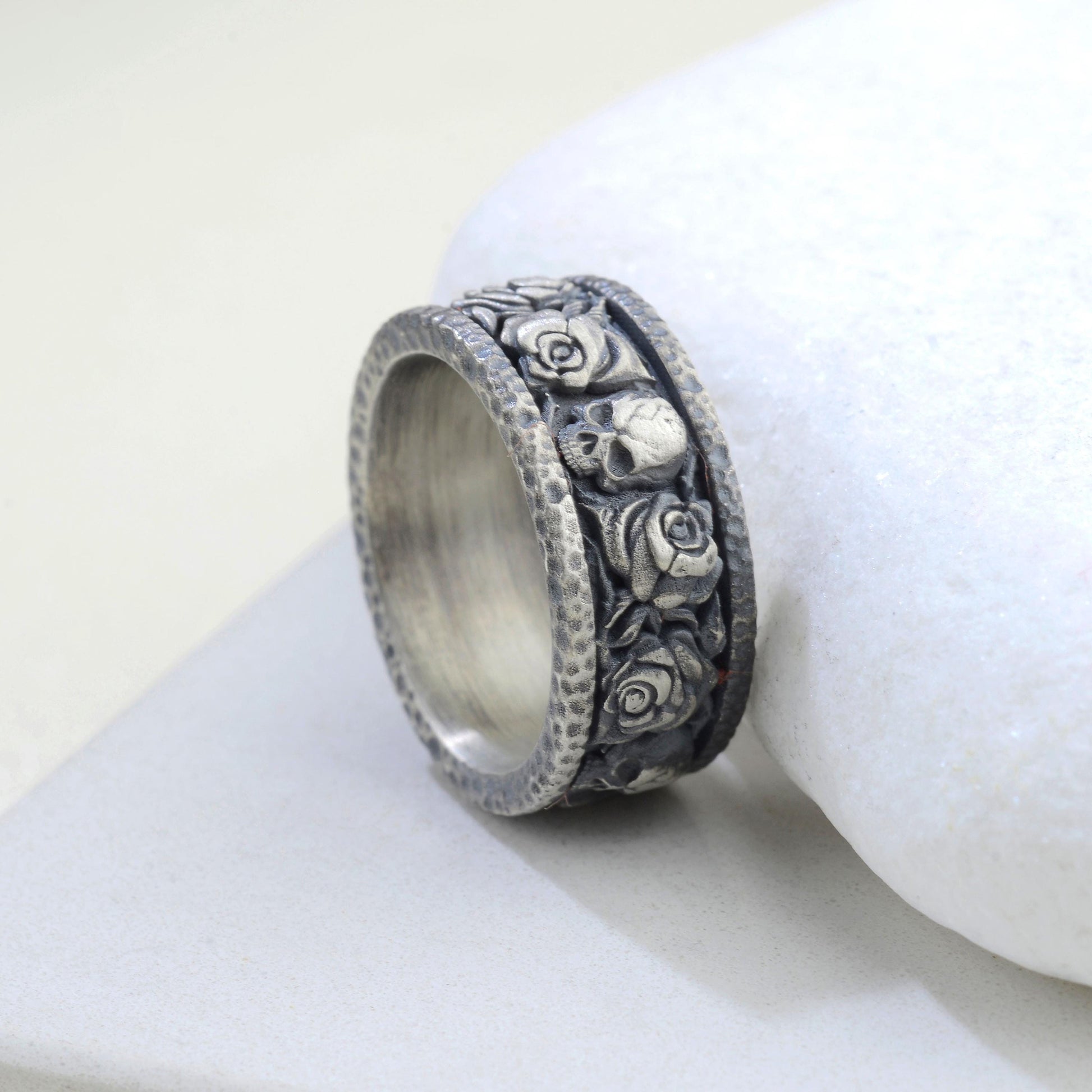 Handmade Sterling Silver Skull and Rose Gothic Biker Ring