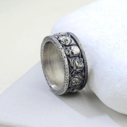 Handmade Sterling Silver Skull and Rose Gothic Biker Ring