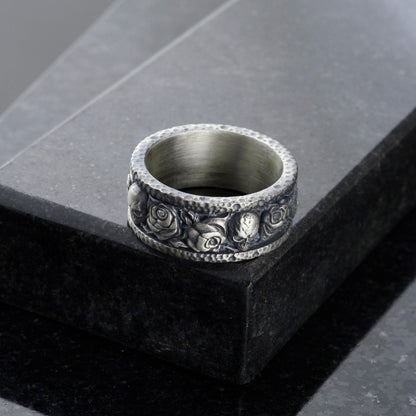 Handmade Sterling Silver Skull and Rose Gothic Biker Ring