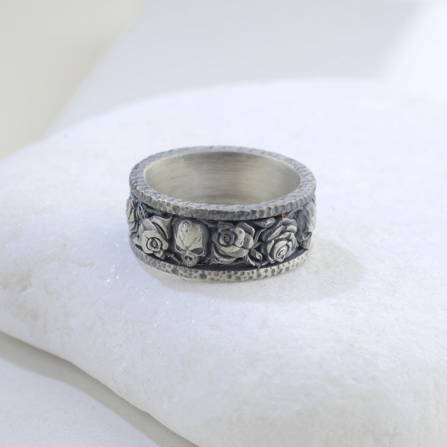 Handmade Sterling Silver Skull and Rose Gothic Biker Ring