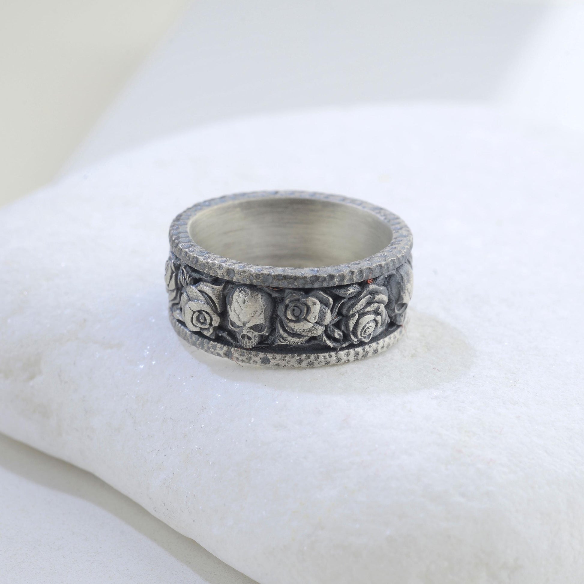 Handmade Sterling Silver Skull and Rose Gothic Biker Ring