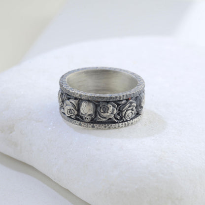 Handmade Sterling Silver Skull and Rose Gothic Biker Ring