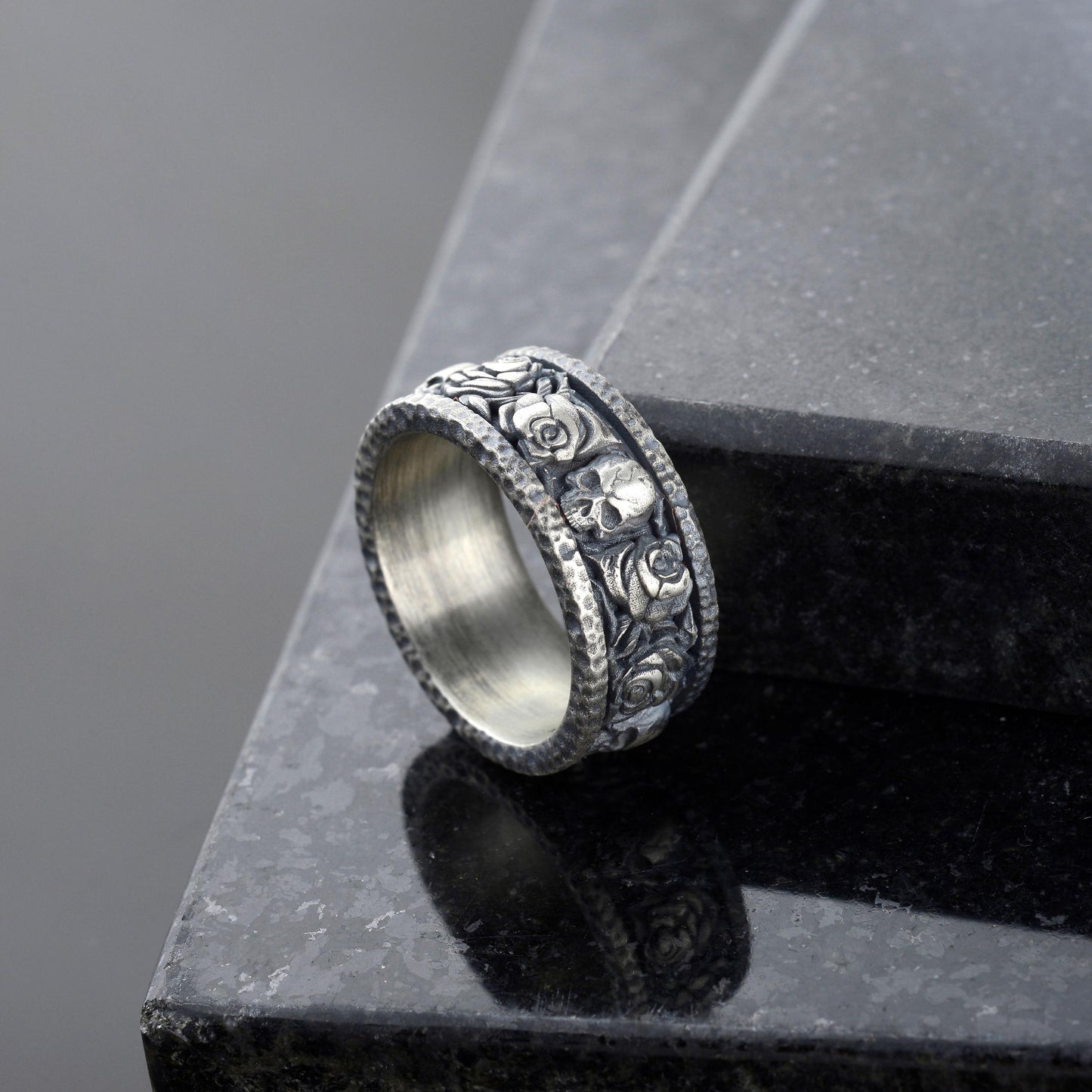 Handmade Sterling Silver Skull and Rose Gothic Biker Ring