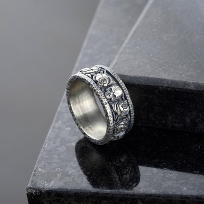 Handmade Sterling Silver Skull and Rose Gothic Biker Ring