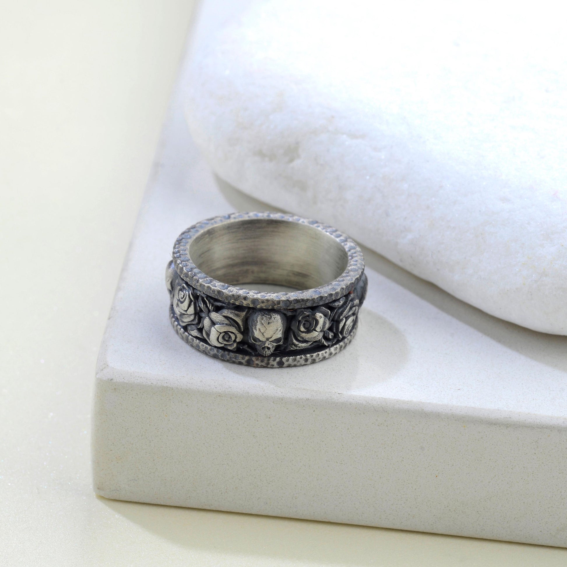 Handmade Sterling Silver Skull and Rose Gothic Biker Ring