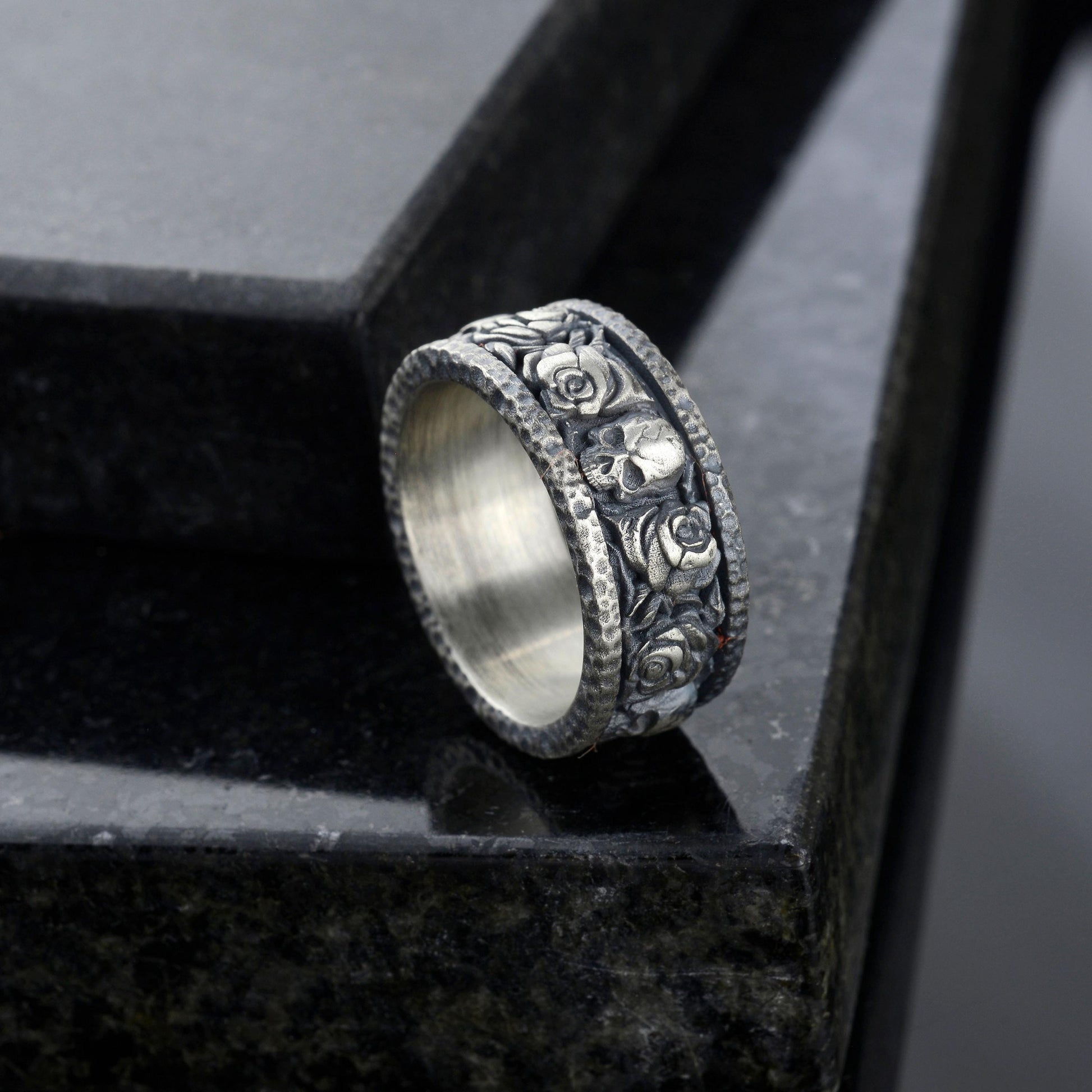 Handmade Sterling Silver Skull and Rose Gothic Biker Ring