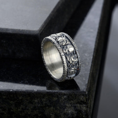 Handmade Sterling Silver Skull and Rose Gothic Biker Ring