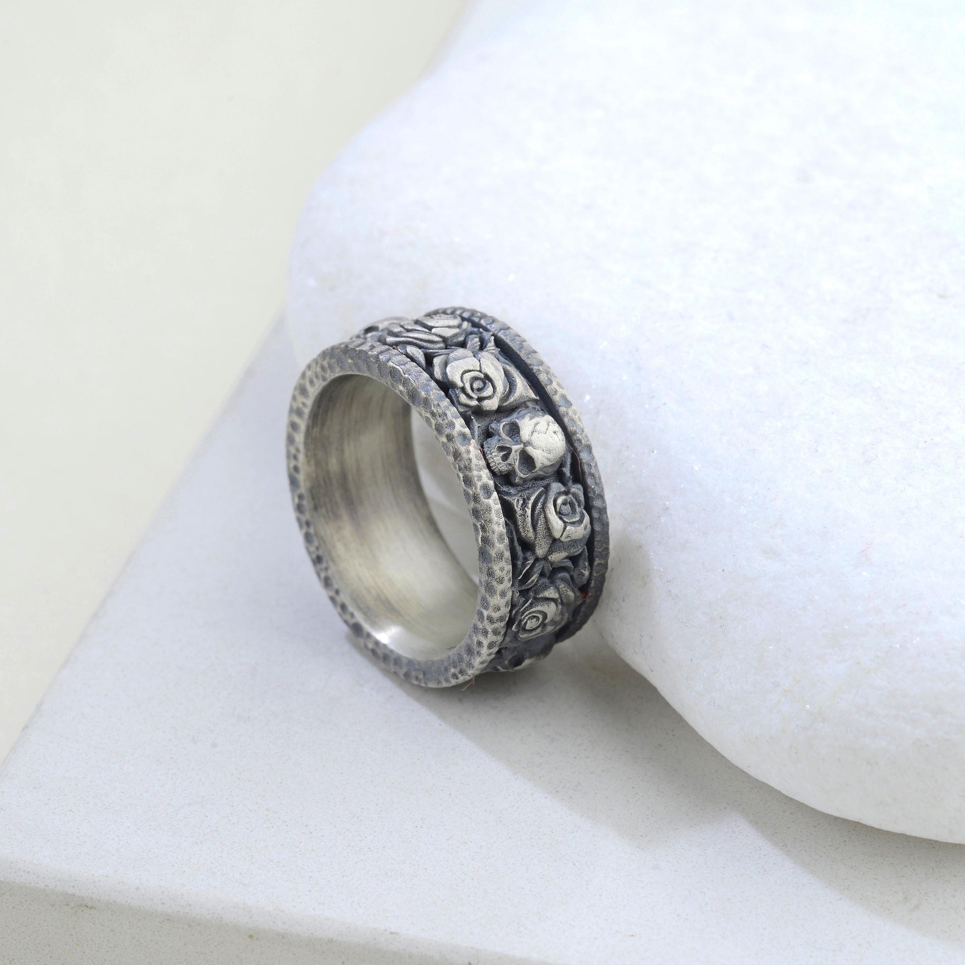 Handmade Sterling Silver Skull and Rose Gothic Biker Ring