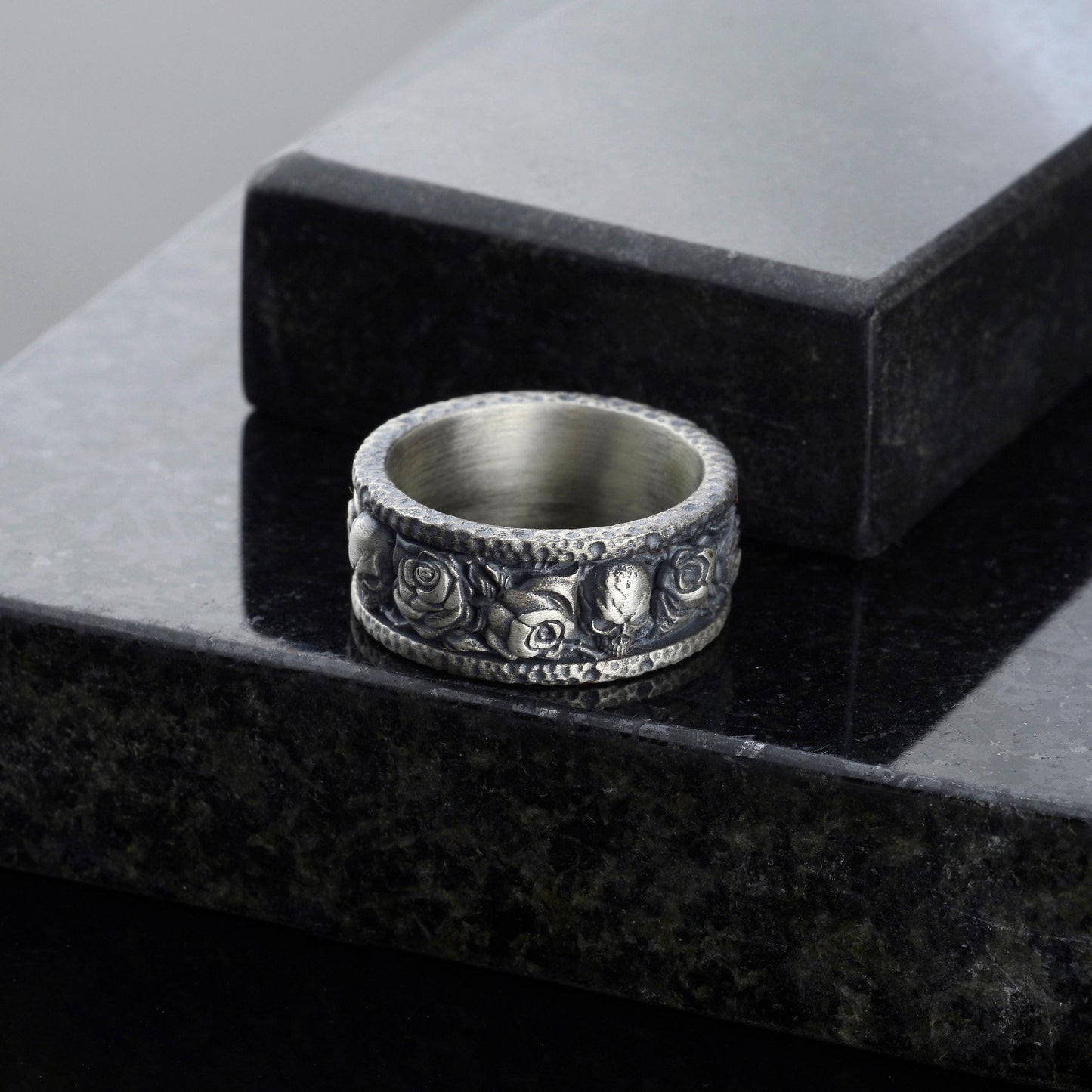 Handmade Sterling Silver Skull and Rose Gothic Biker Ring