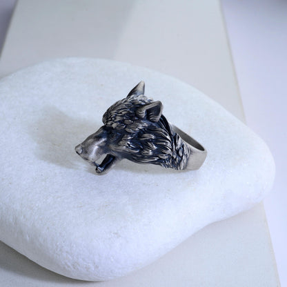 Handmade Viking Wolf Ring – Oxidized Silver Animal Totem Jewelry