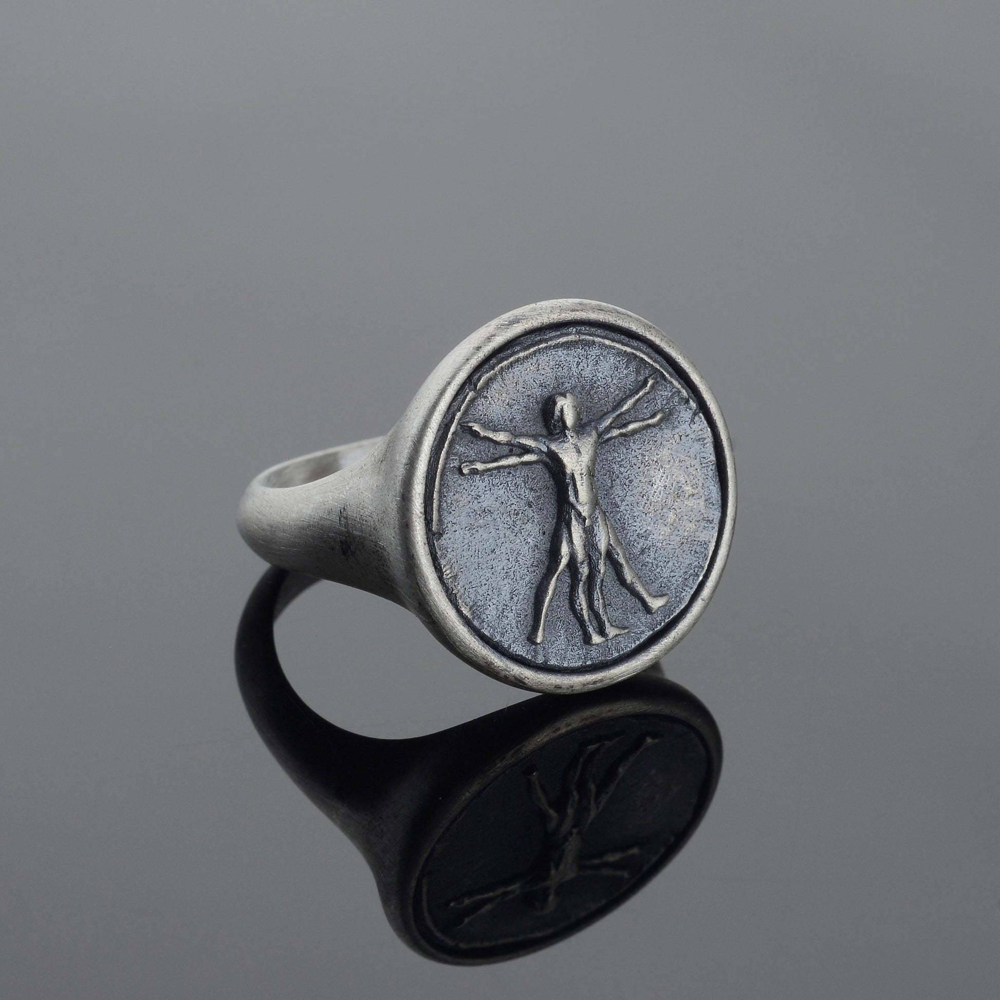 Handmade Vitruvian Man Signet Ring – Sterling Silver Renaissance Jewelry