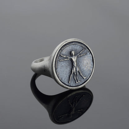 Handmade Vitruvian Man Signet Ring – Sterling Silver Renaissance Jewelry