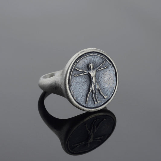 Handmade Vitruvian Man Signet Ring – Sterling Silver Renaissance Jewelry