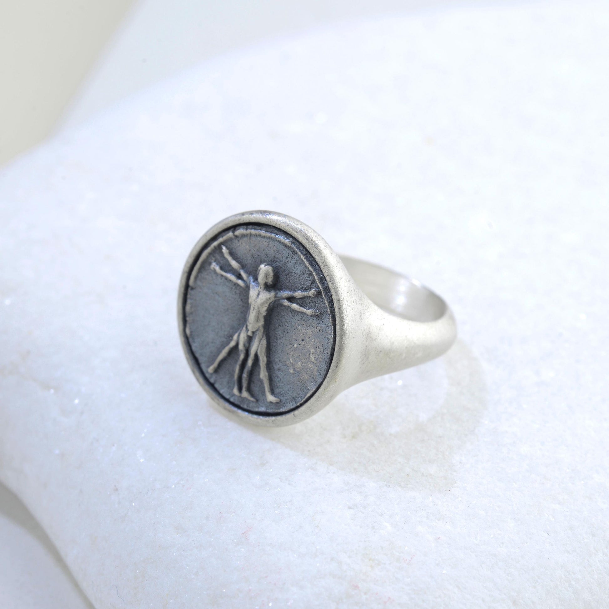 Handmade Vitruvian Man Signet Ring – Sterling Silver Renaissance Jewelry