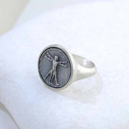 Handmade Vitruvian Man Signet Ring – Sterling Silver Renaissance Jewelry