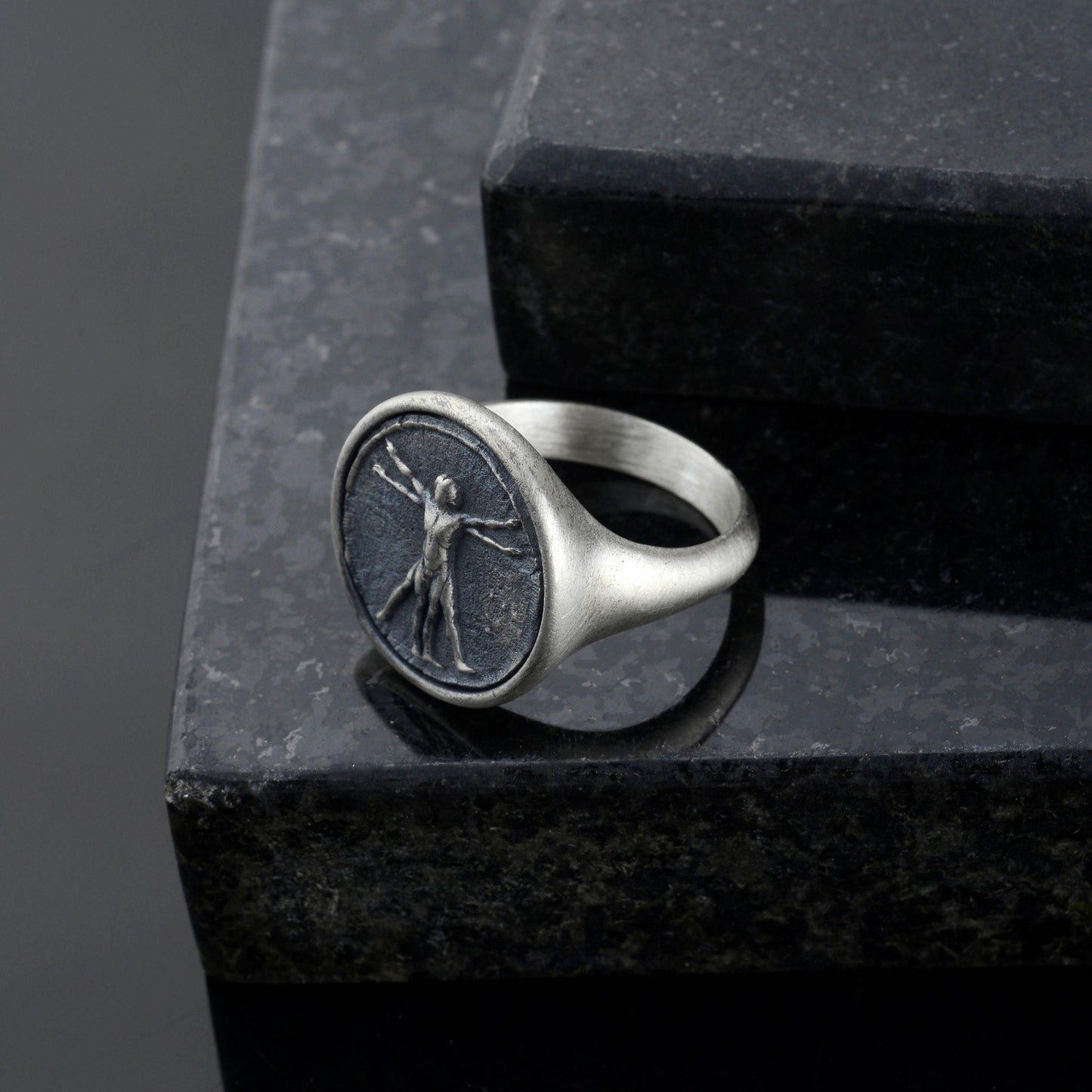 Handmade Vitruvian Man Signet Ring – Sterling Silver Renaissance Jewelry