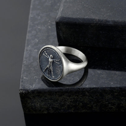 Handmade Vitruvian Man Signet Ring – Sterling Silver Renaissance Jewelry