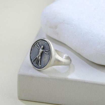 Handmade Vitruvian Man Signet Ring – Sterling Silver Renaissance Jewelry