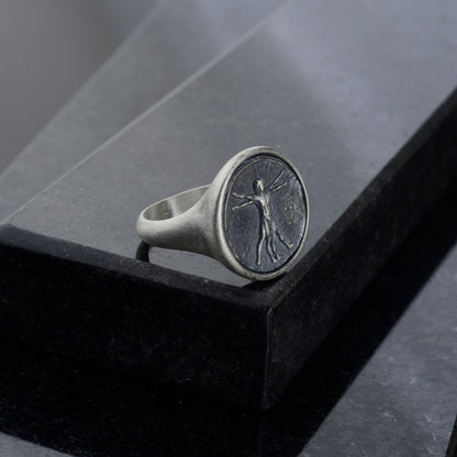 Handmade Vitruvian Man Signet Ring – Sterling Silver Renaissance Jewelry