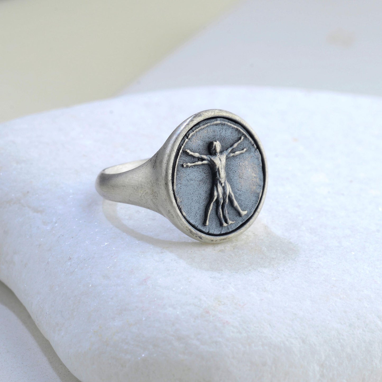 Handmade Vitruvian Man Signet Ring – Sterling Silver Renaissance Jewelry