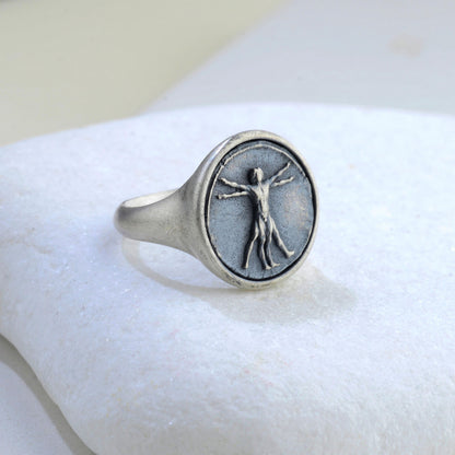 Handmade Vitruvian Man Signet Ring – Sterling Silver Renaissance Jewelry