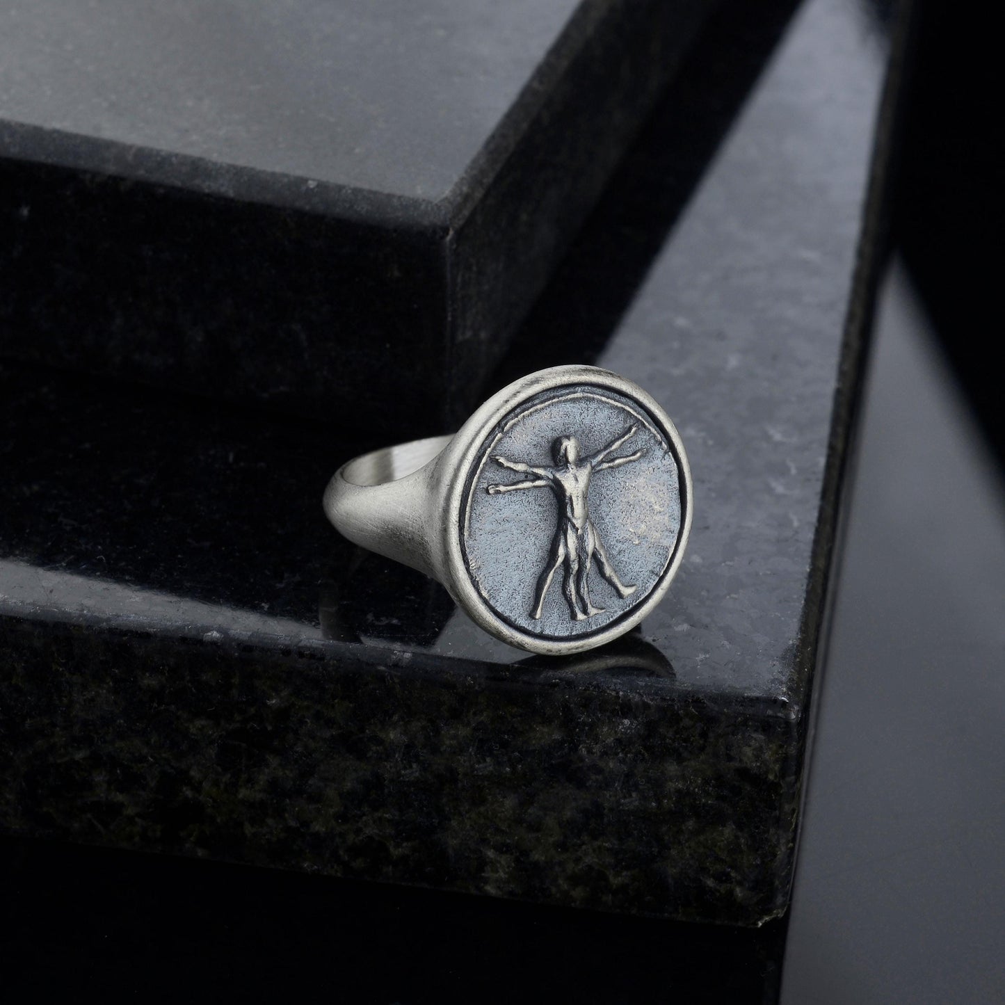 Handmade Vitruvian Man Signet Ring – Sterling Silver Renaissance Jewelry