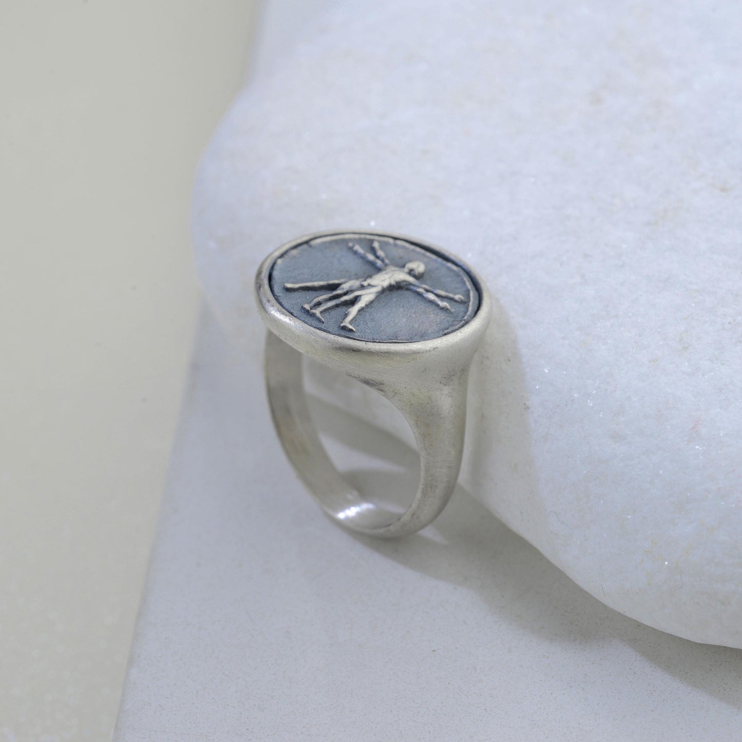 Handmade Vitruvian Man Signet Ring – Sterling Silver Renaissance Jewelry