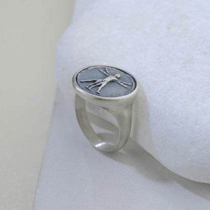 Handmade Vitruvian Man Signet Ring – Sterling Silver Renaissance Jewelry