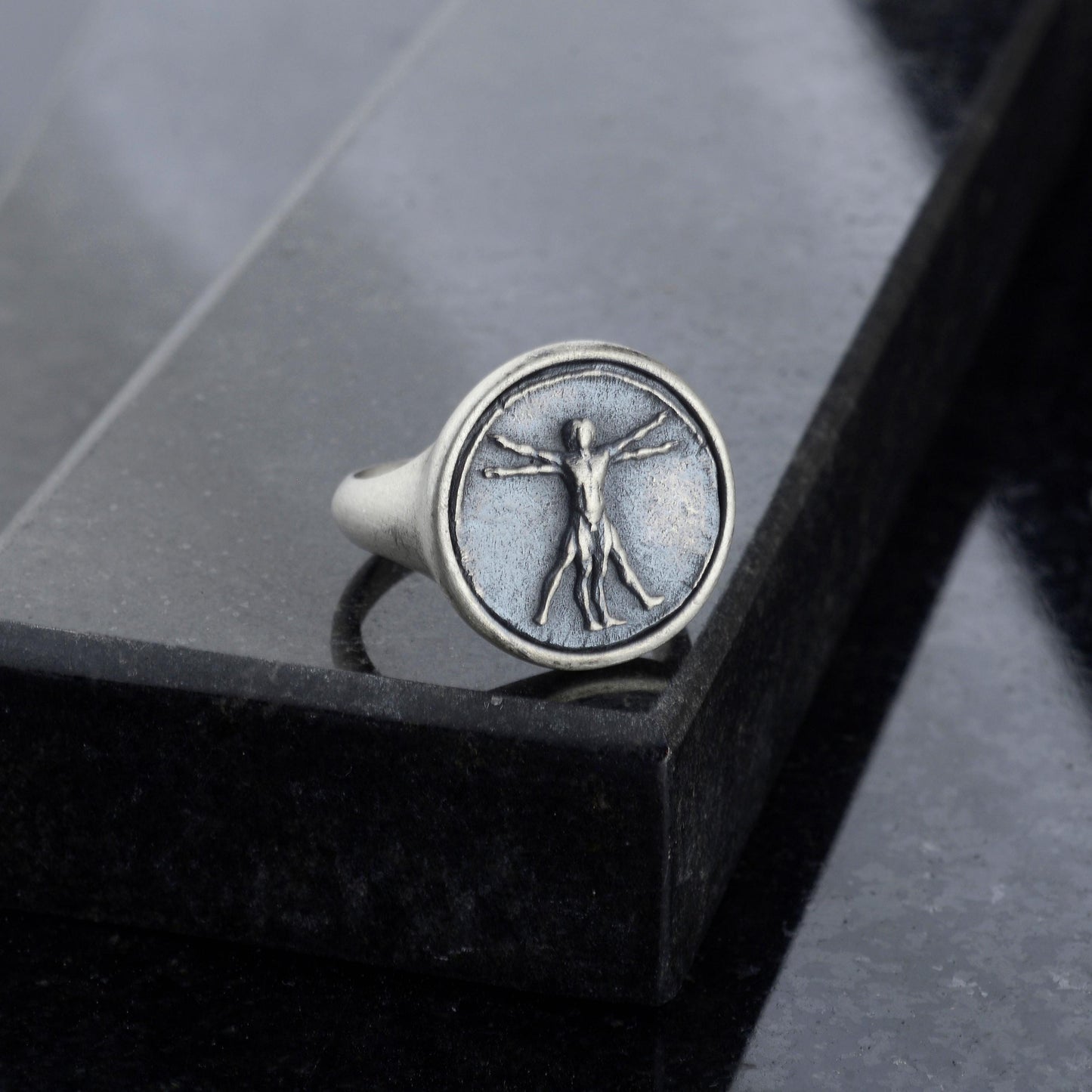 Handmade Vitruvian Man Signet Ring – Sterling Silver Renaissance Jewelry