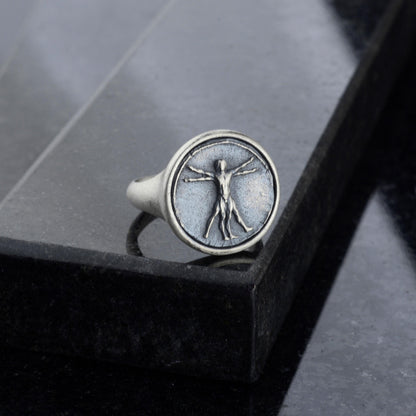 Handmade Vitruvian Man Signet Ring – Sterling Silver Renaissance Jewelry