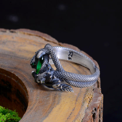 Oxidized Sterling Silver Emerald Gemstone Snake Ring, Barahir Style