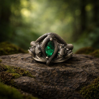Oxidized Sterling Silver Emerald Gemstone Snake Ring, Barahir Style