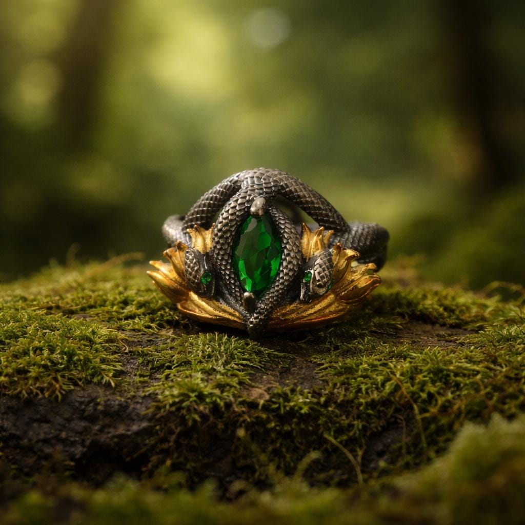Oxidized Sterling Silver Emerald Gemstone Snake Ring, Barahir Style