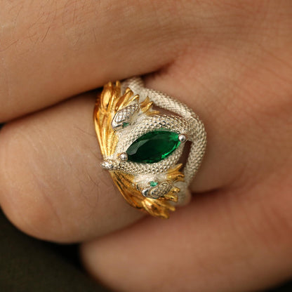 Oxidized Sterling Silver Emerald Gemstone Snake Ring, Barahir Style