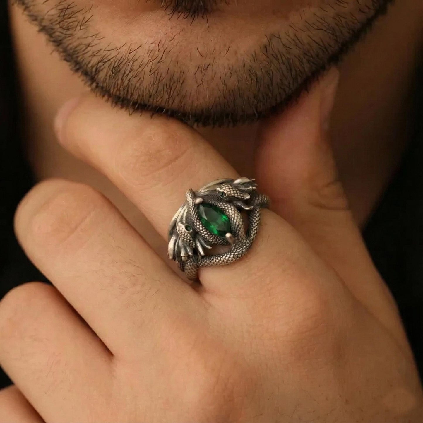 Oxidized Sterling Silver Emerald Gemstone Snake Ring, Barahir Style