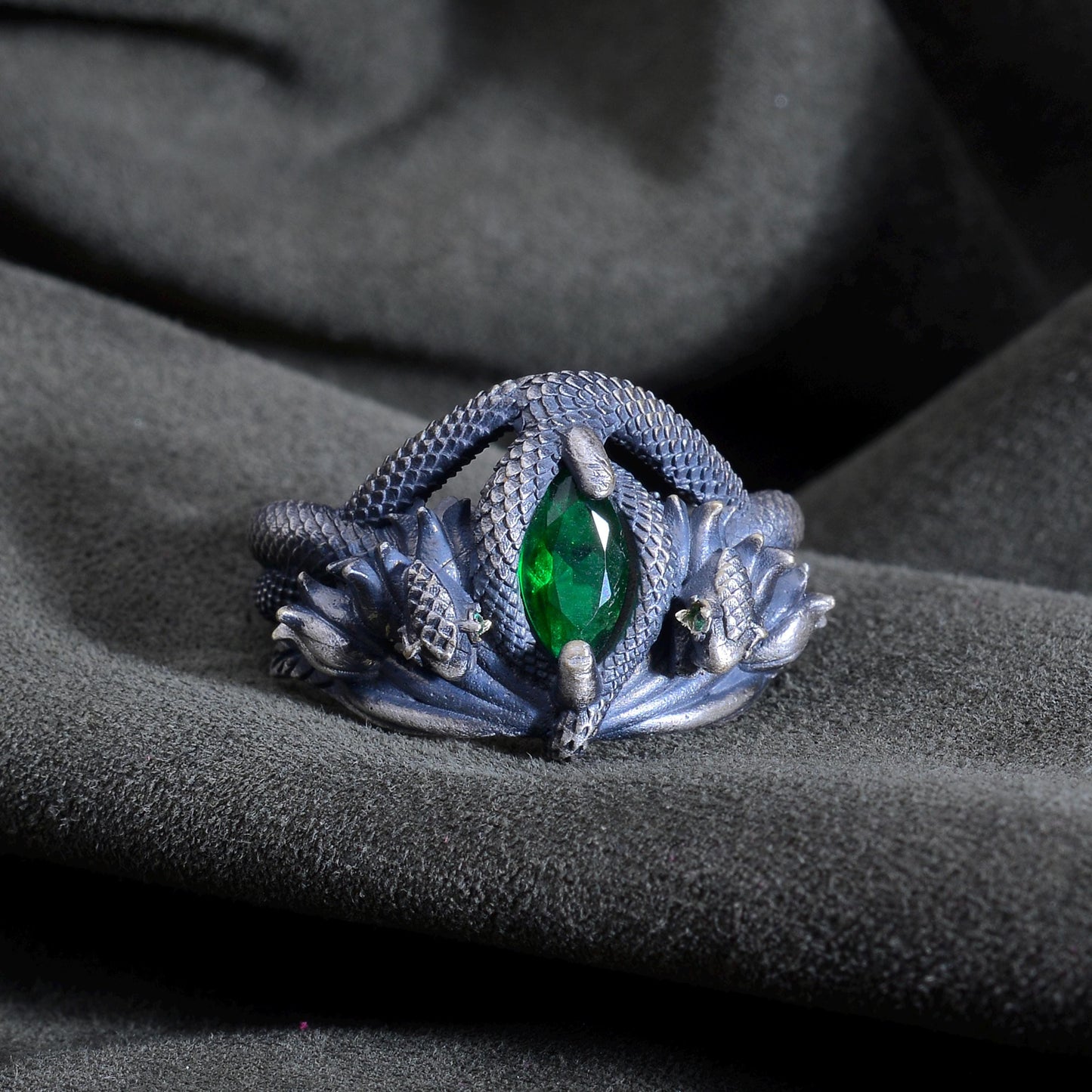 Oxidized Sterling Silver Emerald Gemstone Snake Ring, Barahir Style