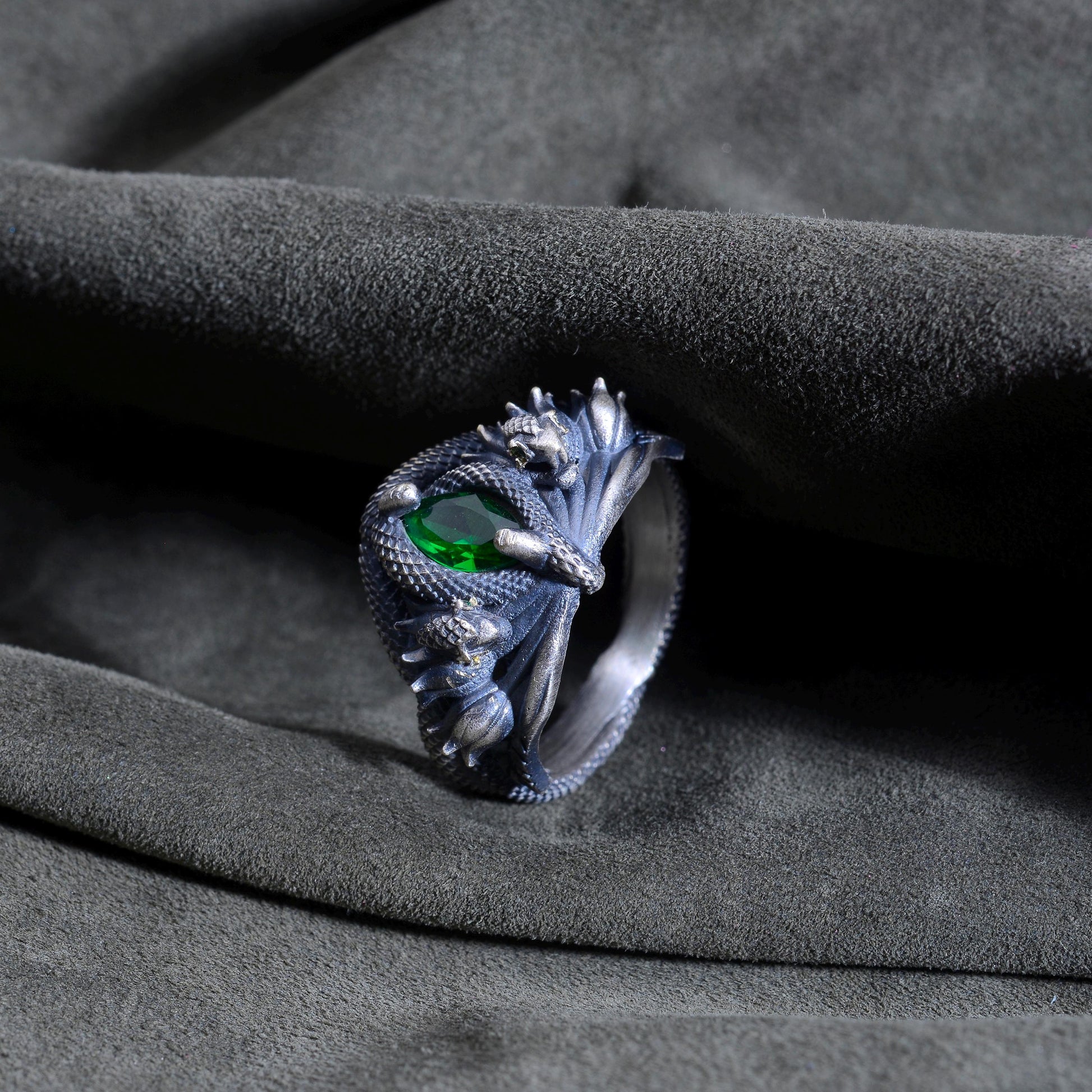 Oxidized Sterling Silver Emerald Gemstone Snake Ring, Barahir Style