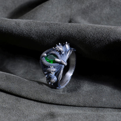 Oxidized Sterling Silver Emerald Gemstone Snake Ring, Barahir Style