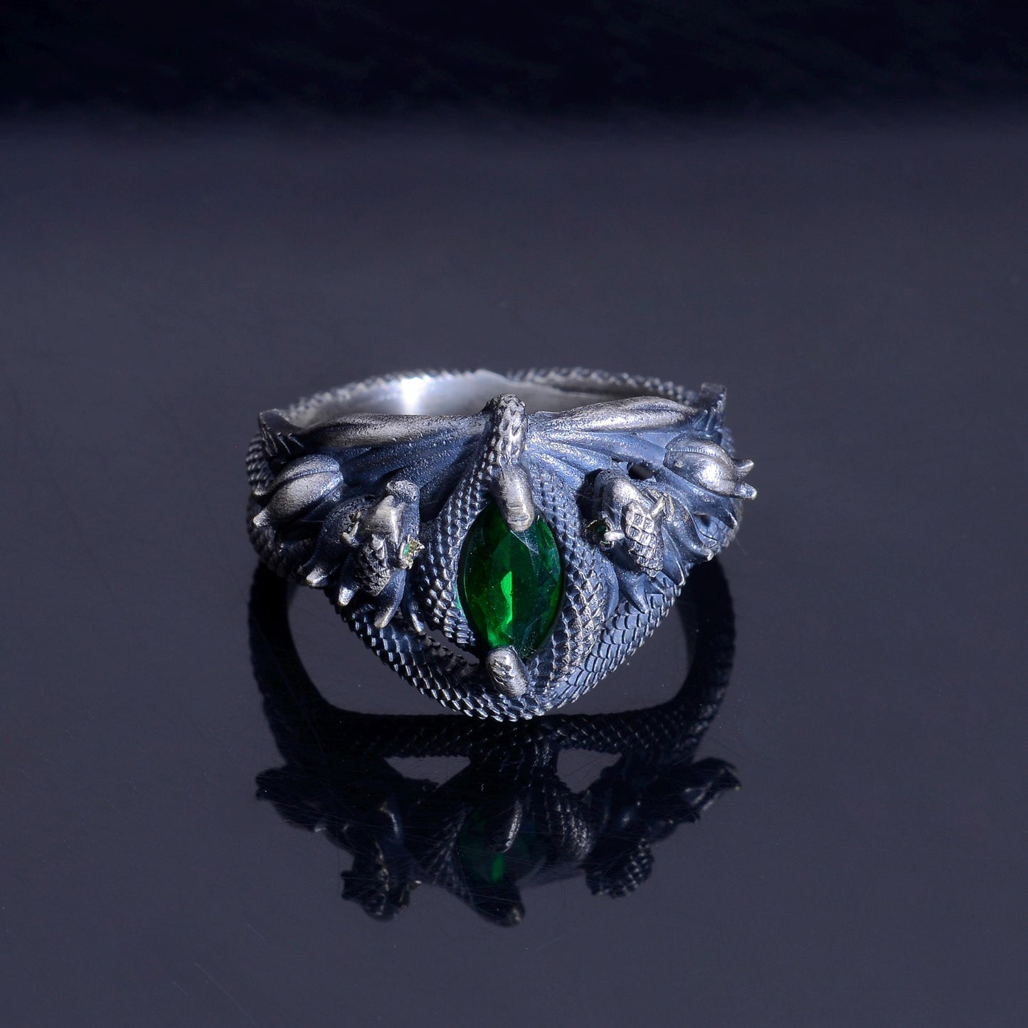 Oxidized Sterling Silver Emerald Gemstone Snake Ring, Barahir Style