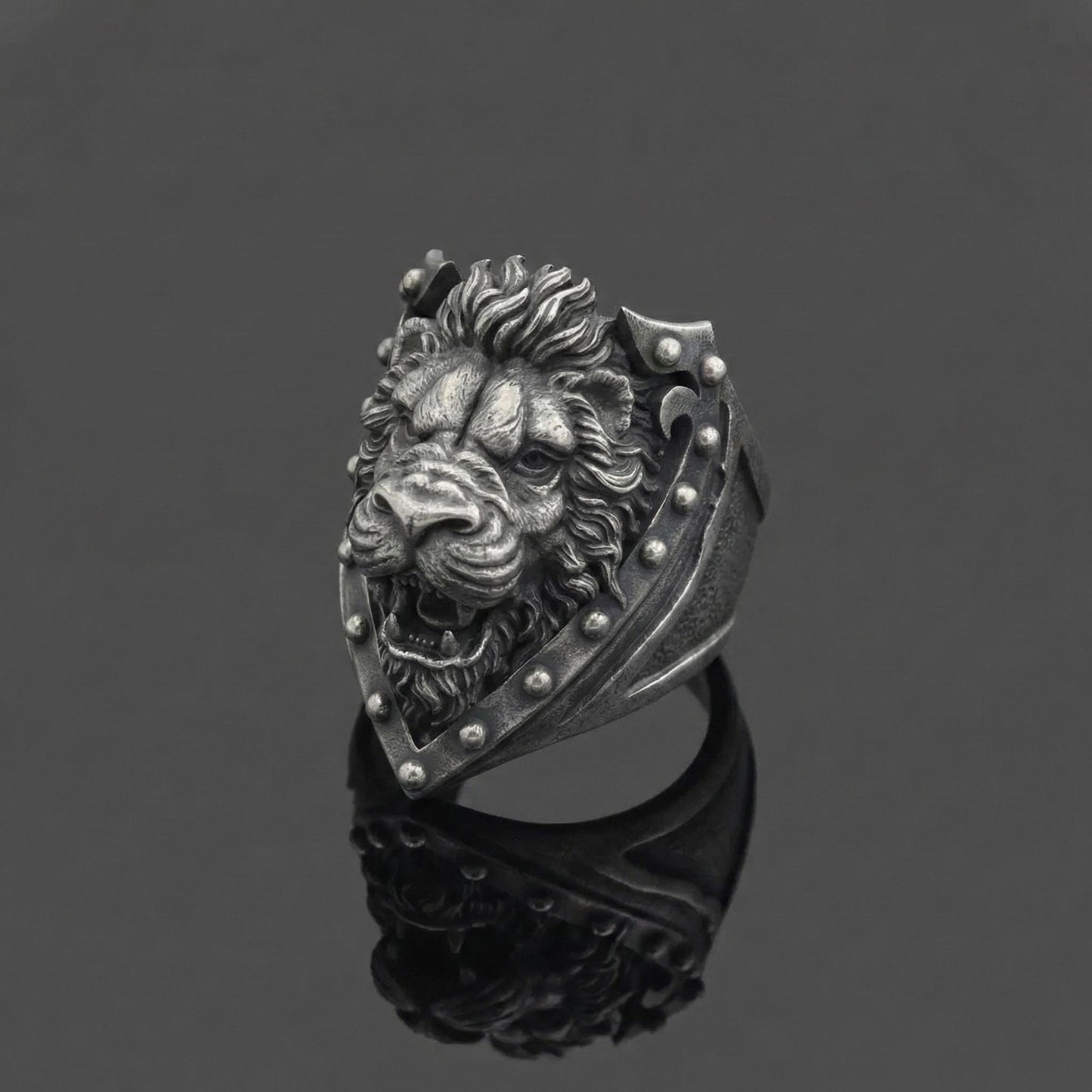 Oxidized Sterling Silver Lion Head Ring, Royal Heraldry Design