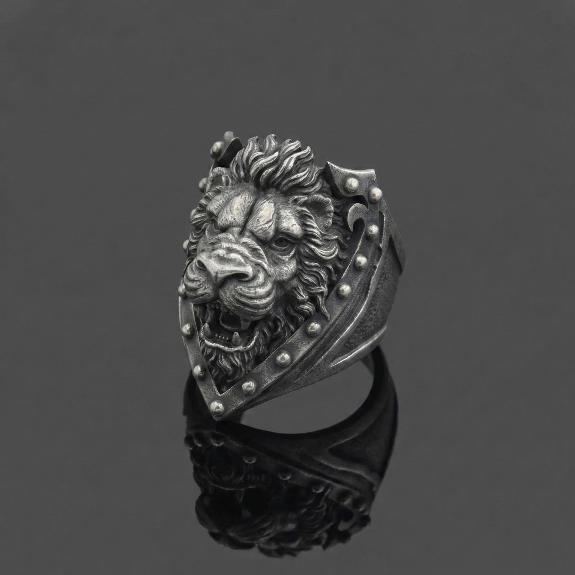 Oxidized Sterling Silver Lion Head Ring, Royal Heraldry Design