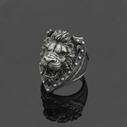 Oxidized Sterling Silver Lion Head Ring, Royal Heraldry Design