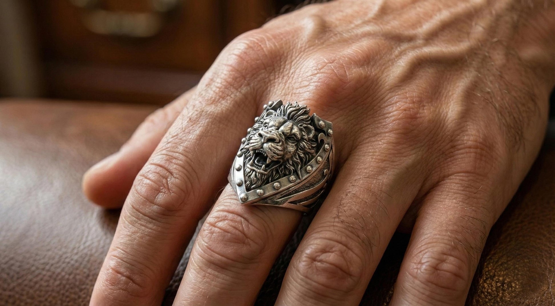 Oxidized Sterling Silver Lion Head Ring, Royal Heraldry Design