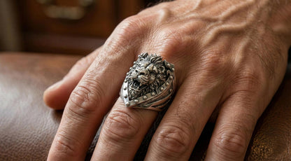 Oxidized Sterling Silver Lion Head Ring, Royal Heraldry Design