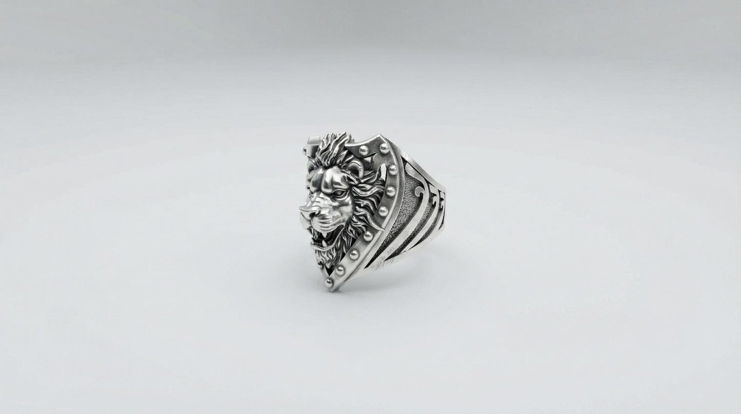 Oxidized Sterling Silver Lion Head Ring, Royal Heraldry Design