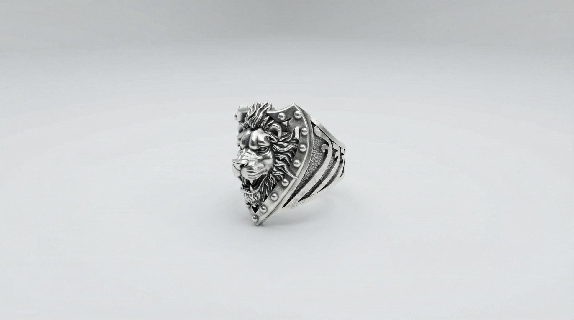 Oxidized Sterling Silver Lion Head Ring, Royal Heraldry Design