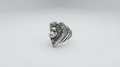 Oxidized Sterling Silver Lion Head Ring, Royal Heraldry Design