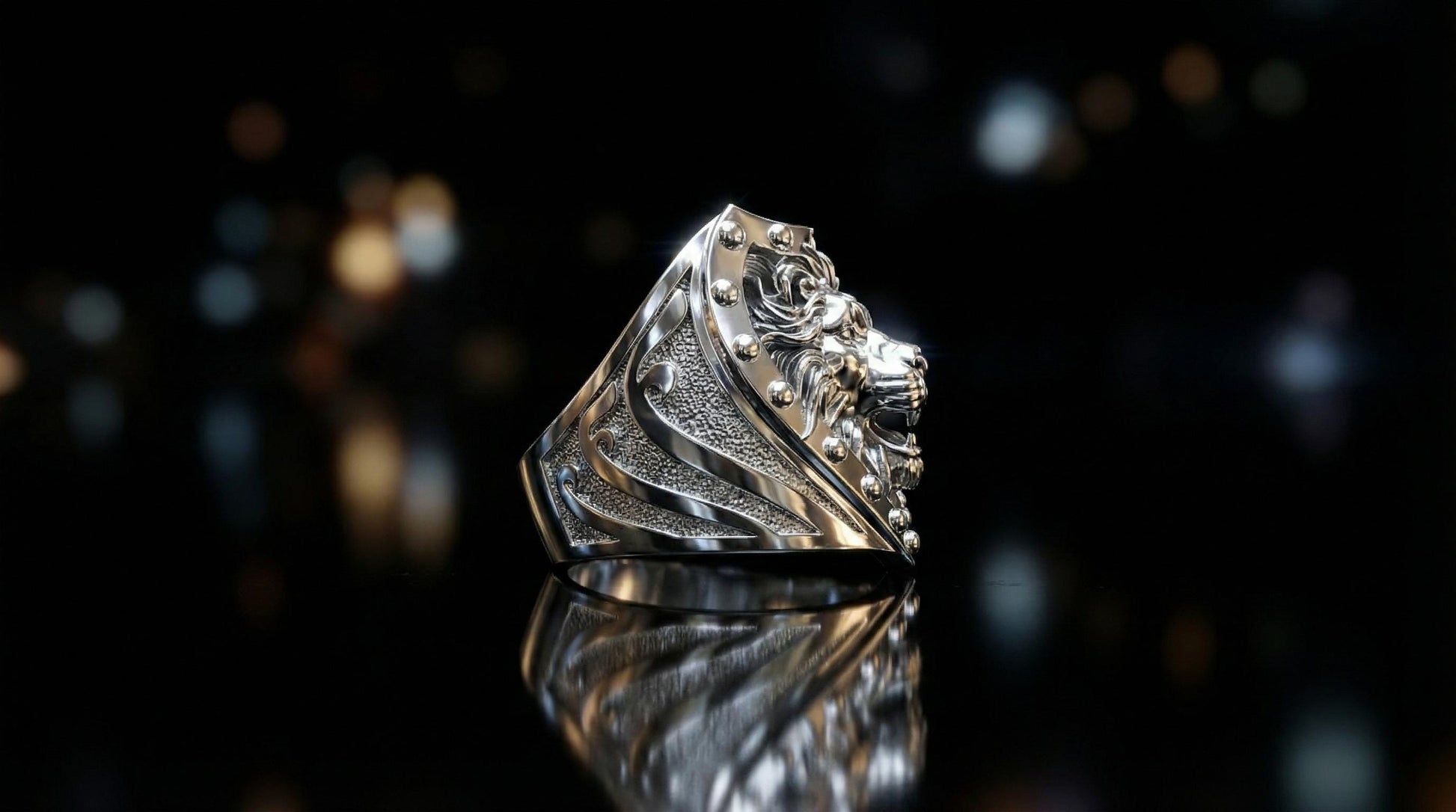 Oxidized Sterling Silver Lion Head Ring, Royal Heraldry Design