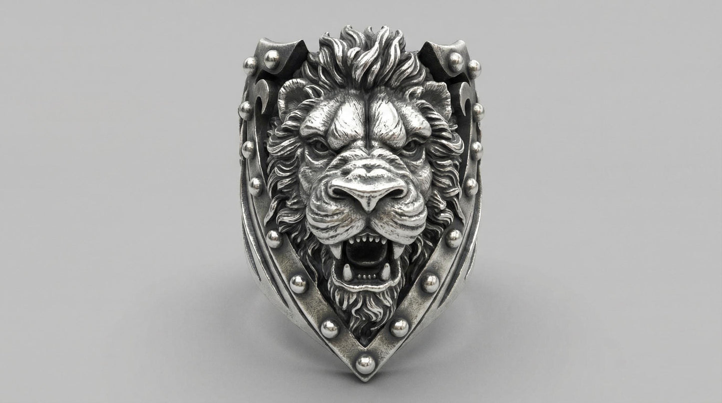 Oxidized Sterling Silver Lion Head Ring, Royal Heraldry Design